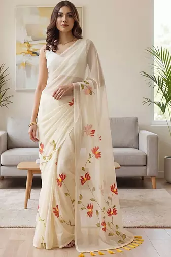 Off white off white floral chiffon saree unstiched blouse