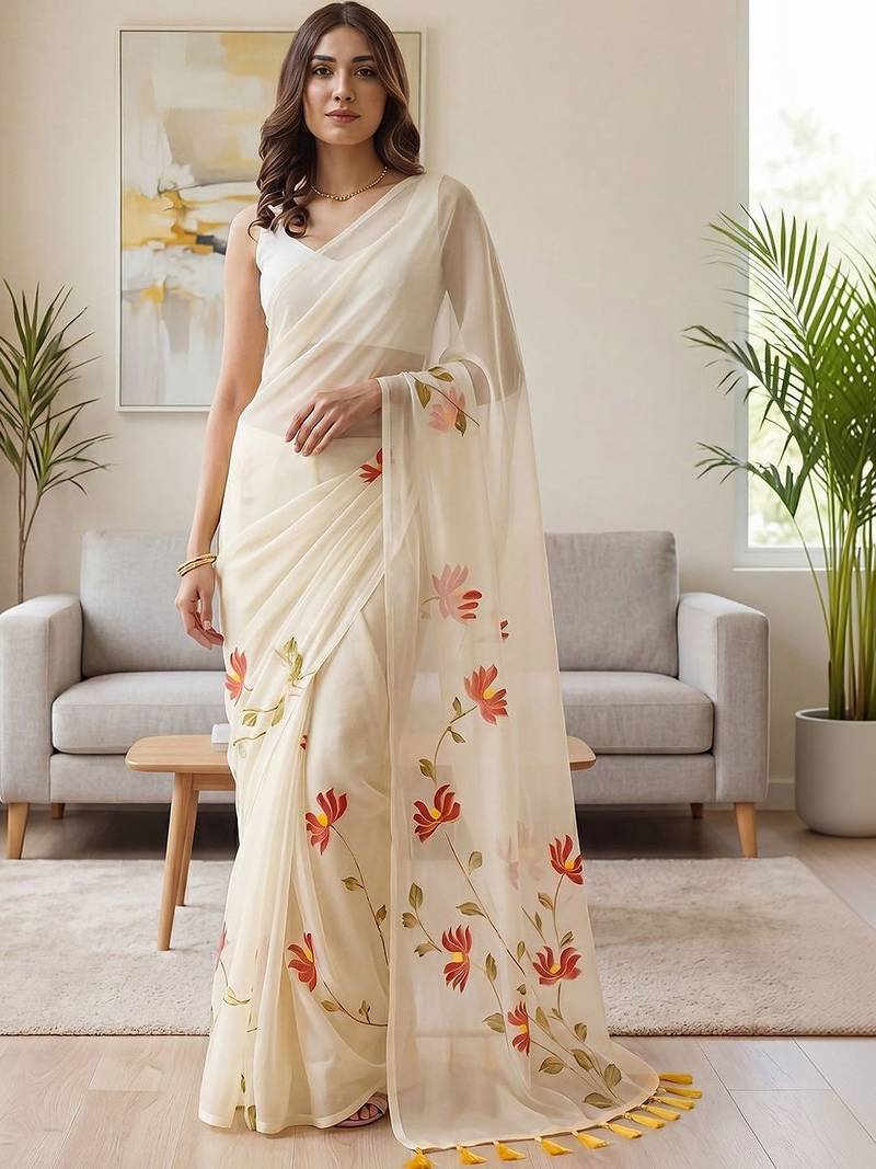 Off white off white floral chiffon saree unstiched blouse