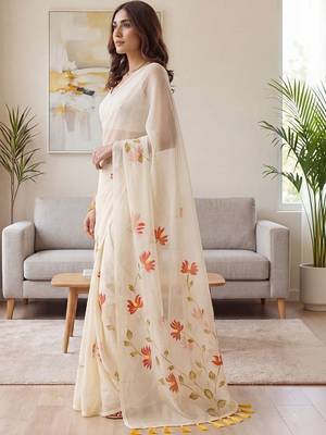 Off white off white floral chiffon saree unstiched blouse 3