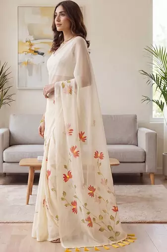 Off white off white floral chiffon saree unstiched blouse