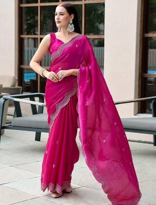 Magenta floral embellished beads & stones saree with blouse 1