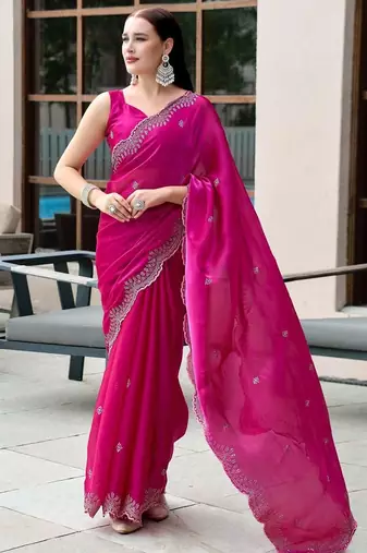 Magenta floral embellished beads & stones saree with blouse