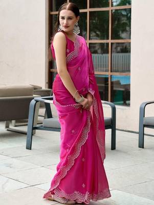 Magenta floral embellished beads & stones saree with blouse 4