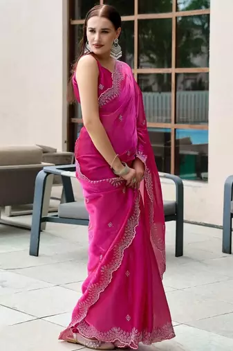 Magenta floral embellished beads & stones saree with blouse