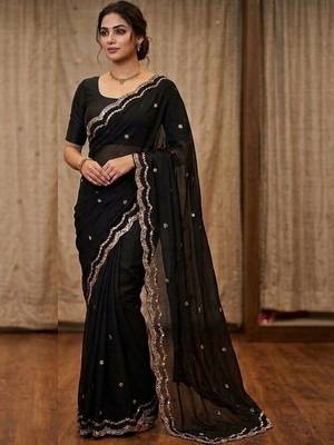 Black embellished mirror work satin fusion saree 1