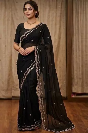 Black embellished mirror work satin fusion saree