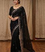 Black embellished mirror work satin fusion saree