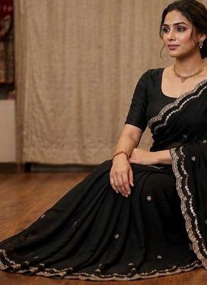 Black embellished mirror work satin fusion saree 2