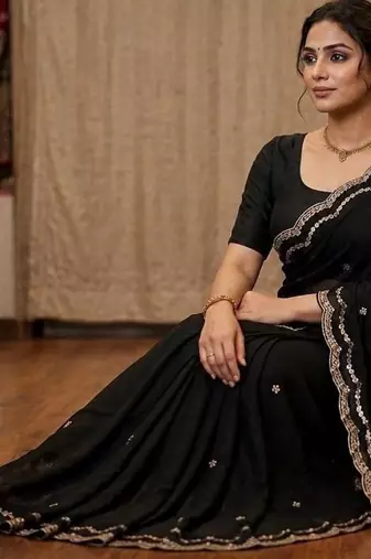 Black embellished mirror work satin fusion saree