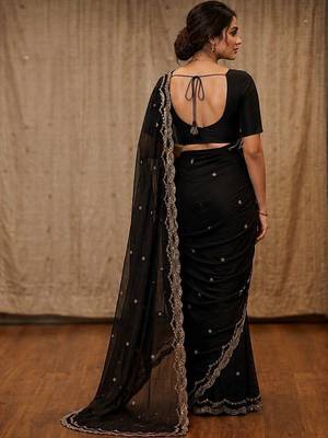 Black embellished mirror work satin fusion saree 3