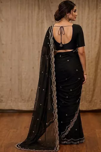 Black embellished mirror work satin fusion saree