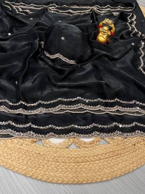 Black embellished mirror work satin fusion saree 4