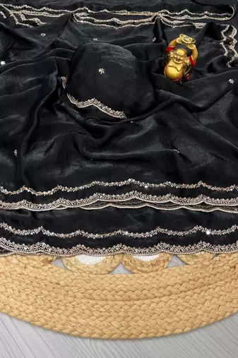 Black embellished mirror work satin fusion saree