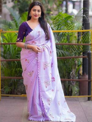 Lavender floral printed embroidered kota doria saree with unstitched blouse piece 1