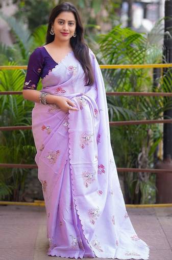 Lavender floral printed embroidered kota doria saree with unstitched blouse piece