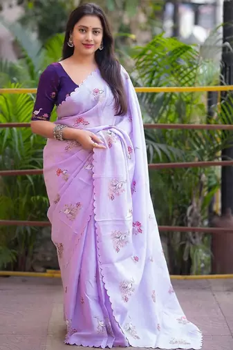 Lavender floral printed embroidered kota doria saree with unstitched blouse piece