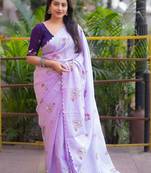 Lavender floral printed embroidered kota doria saree with unstitched blouse piece