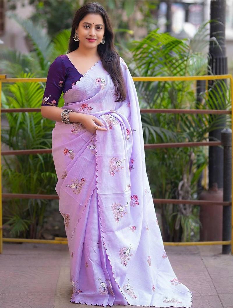 Lavender floral printed embroidered kota doria saree with unstitched blouse piece