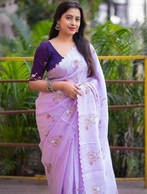 Lavender floral printed embroidered kota doria saree with unstitched blouse piece 2
