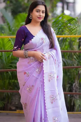Lavender floral printed embroidered kota doria saree with unstitched blouse piece