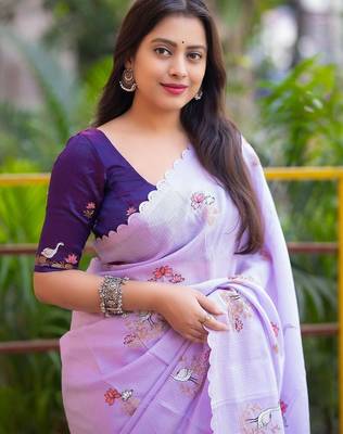 Lavender floral printed embroidered kota doria saree with unstitched blouse piece 3