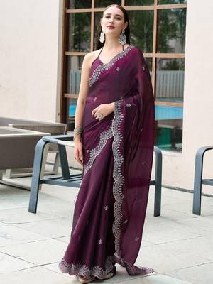 Burgundy woven design poly chiffon designer saree 1