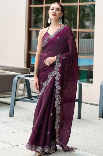 Burgundy woven design poly chiffon designer saree