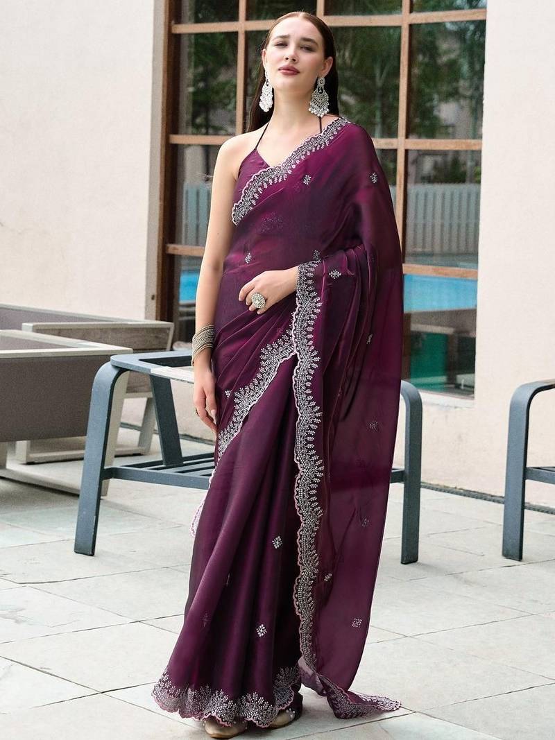 Burgundy woven design poly chiffon designer saree