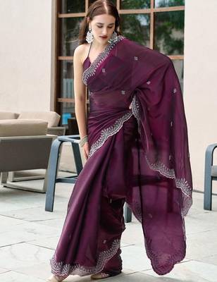 Burgundy woven design poly chiffon designer saree 4