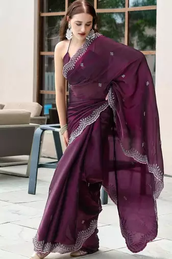 Burgundy woven design poly chiffon designer saree
