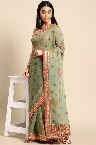 Green green poly georgette bandhani sarees
