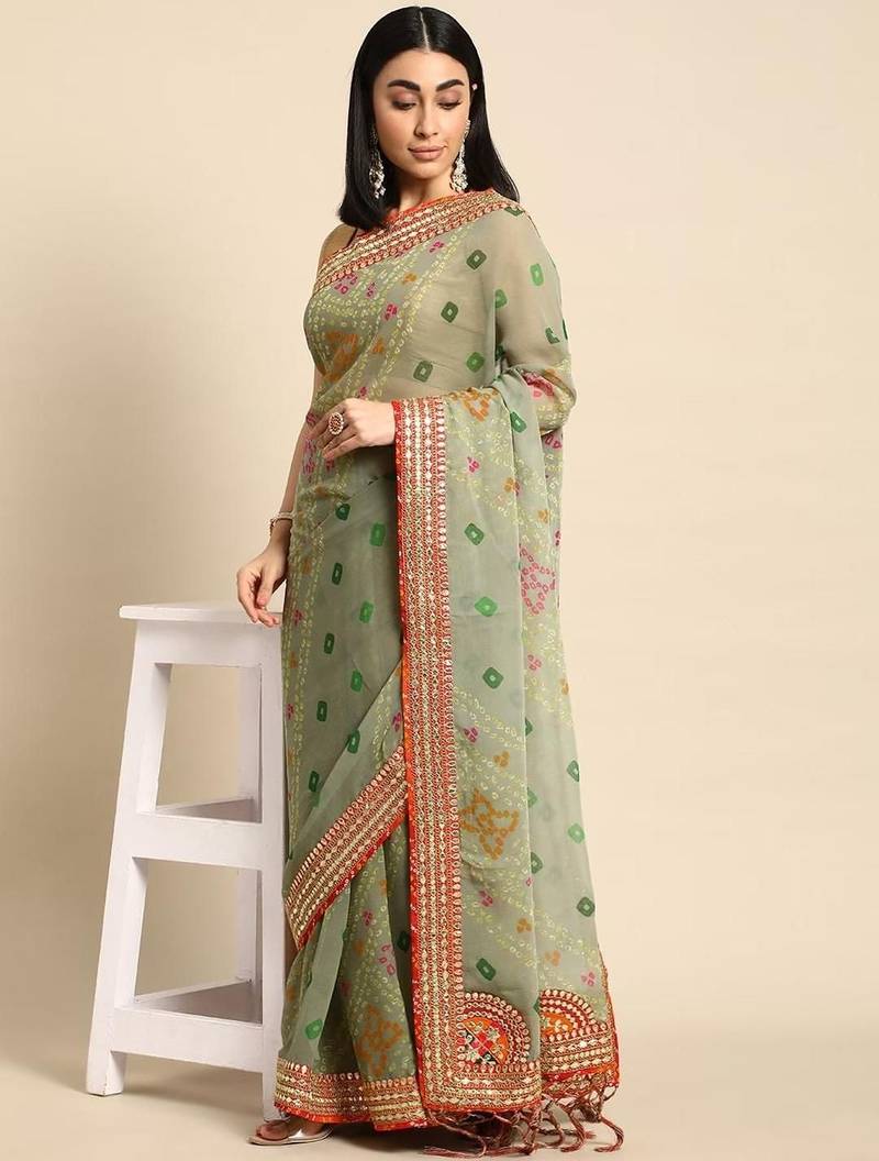 Green green poly georgette bandhani sarees