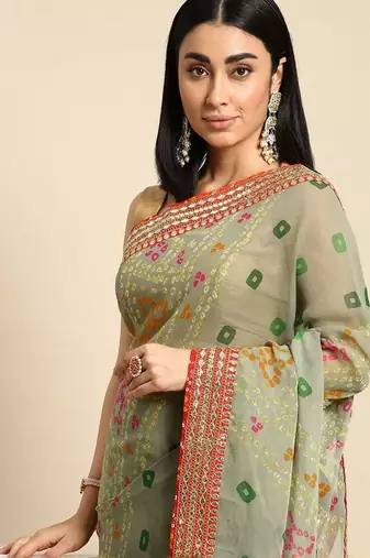 Green green poly georgette bandhani sarees