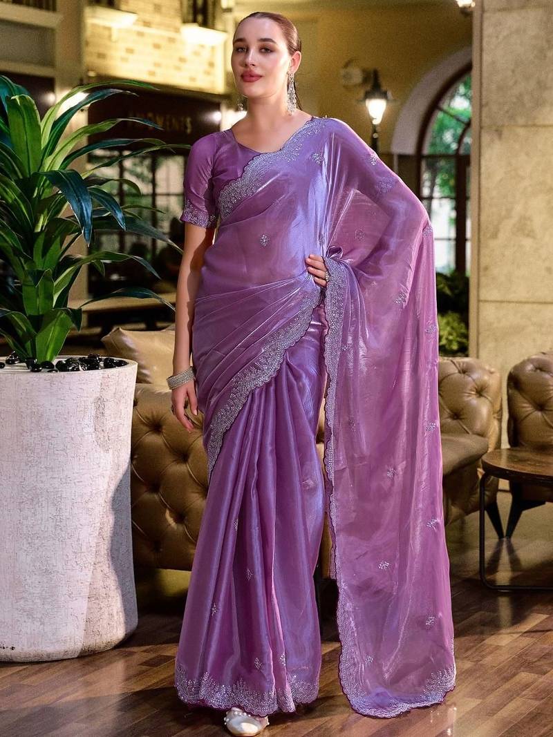 Lavender floral embellished beads & stones saree with blouse