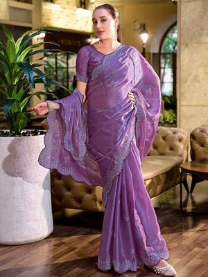 Lavender floral embellished beads & stones saree with blouse 4
