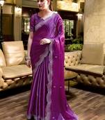 Purple ethnic motifs embroidered poly chiffon saree