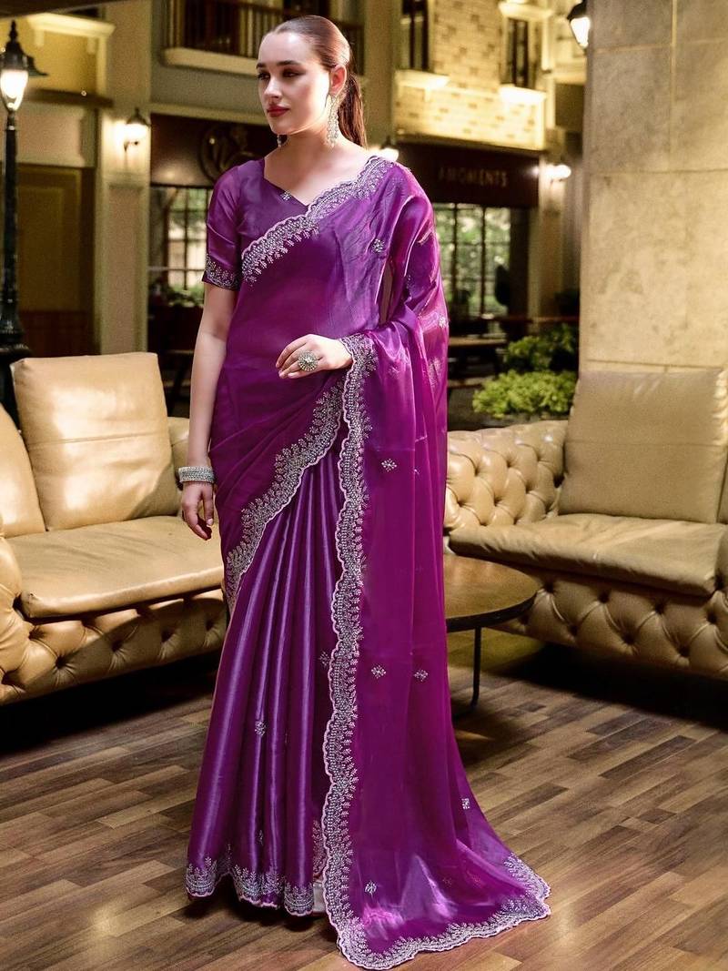Purple ethnic motifs embroidered poly chiffon saree