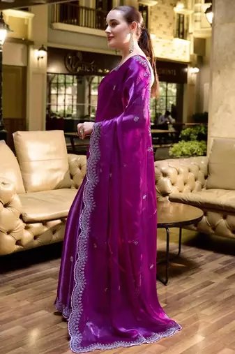 Purple ethnic motifs embroidered poly chiffon saree