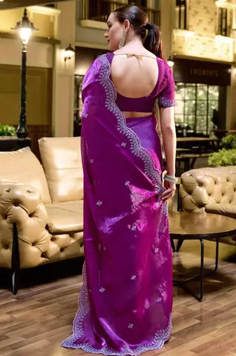Purple ethnic motifs embroidered poly chiffon saree
