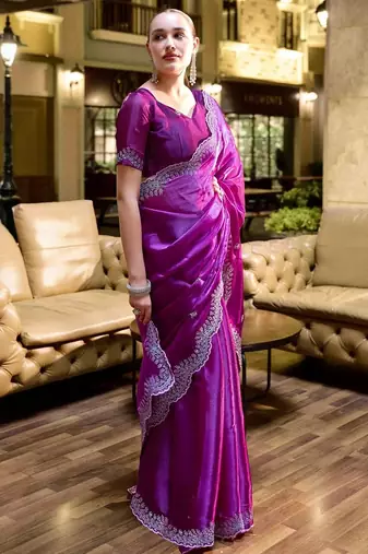 Purple ethnic motifs embroidered poly chiffon saree