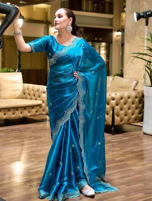 Blue woven design poly chiffon designer saree 1