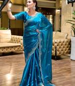 Blue woven design poly chiffon designer saree