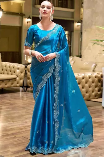 Blue woven design poly chiffon designer saree