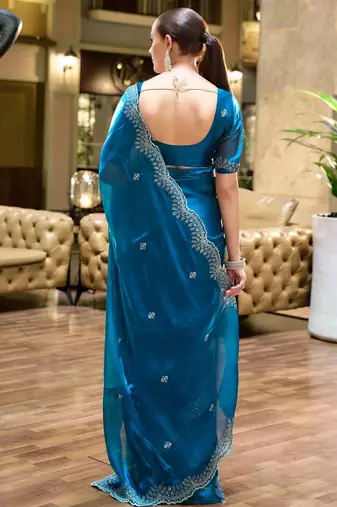 Blue woven design poly chiffon designer saree