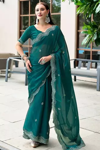 Teal woven design poly chiffon heavy work saree