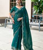 Teal woven design poly chiffon heavy work saree