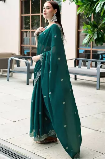 Teal woven design poly chiffon heavy work saree