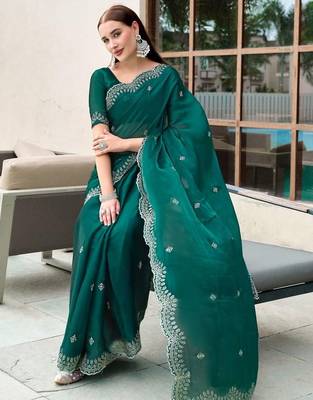 Teal woven design poly chiffon heavy work saree 3