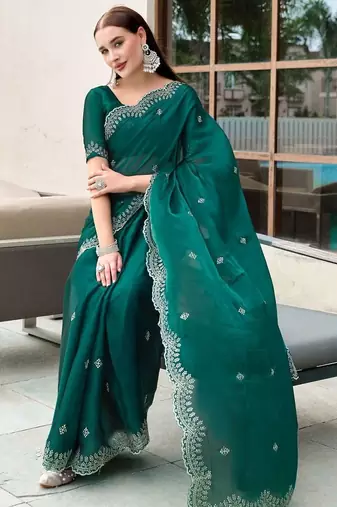 Teal woven design poly chiffon heavy work saree
