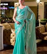 Turquoise woven design poly chiffon designer saree